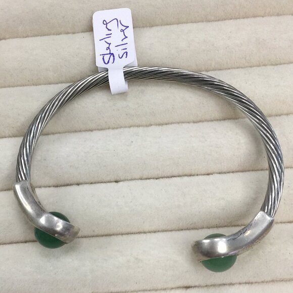 Q Ray Sterling silver Cable cuff bracelet Green Serpentine semi precious stones - Picture 4 of 4